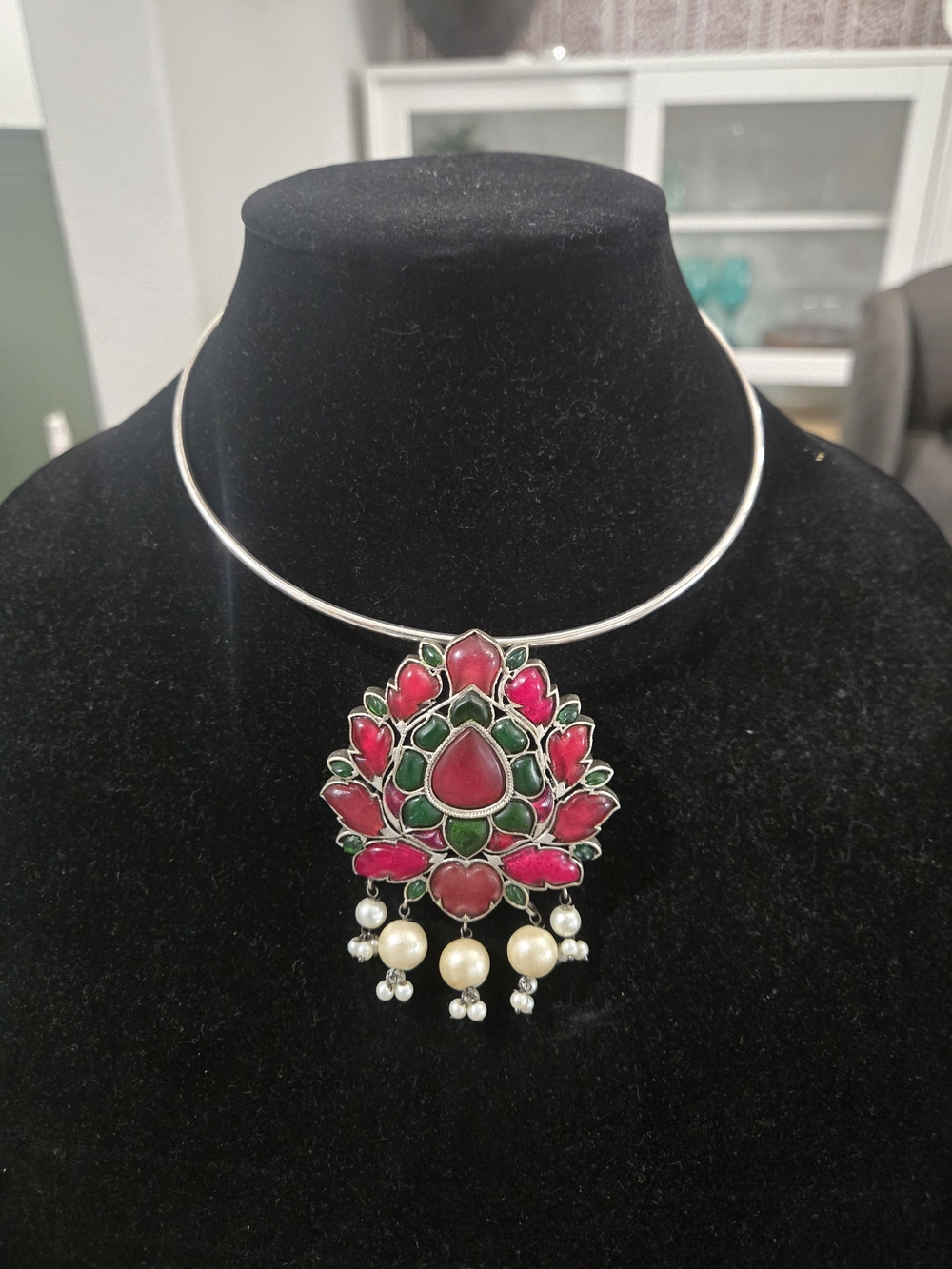 Sterling Silver Choker with Red and Green Pendant + Earrings